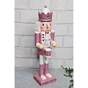 Pink White Drummer King Guard Nutcracker Glitter Wooden‎ 14" Christmas NEW
